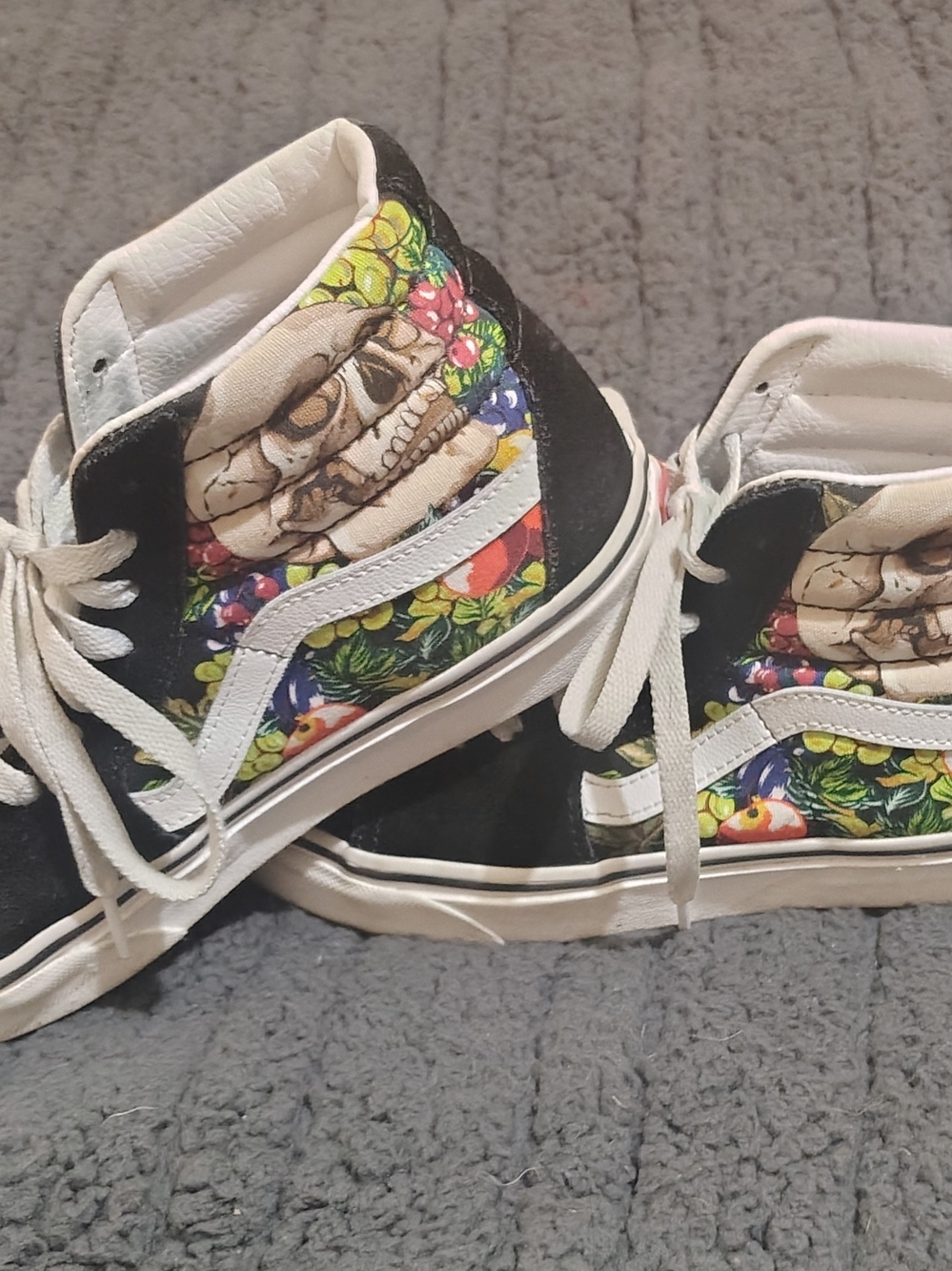 Vans Black/White High-Top Skate Shoes with Colorful Floral & Skull Graphic